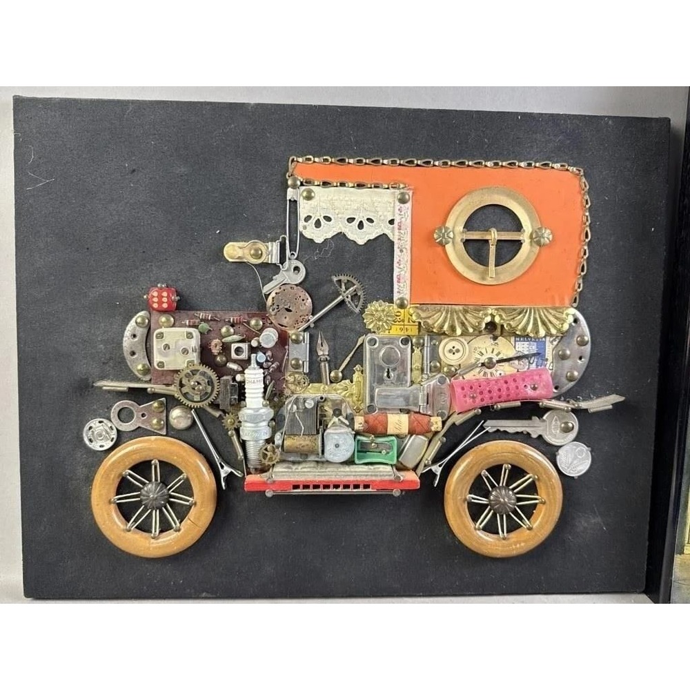 Vintage 1972 Walter Yeps Found Object Assemblage 1908 Cadillac Mixed Wall Art